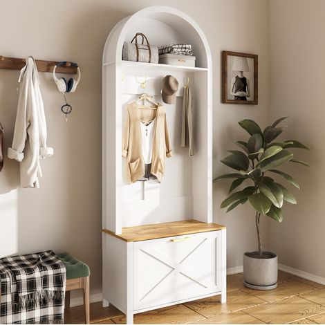 Garderobenschrank aus MDF in Weiss und Holzoptik mit Schuhfach und Ablage, 75 x 35 x 195 cm, Flurgarderobe platzsparend (1/5)