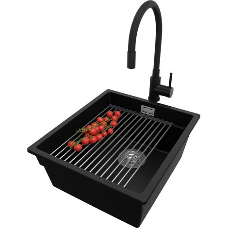 PRIMAGRAN Evier Cuisine en Granit 41x47cm, Lavabo 1 bac + Robinet 40x38cm + Kit de Vidage + Accessoire, Évier à Encastrer au meuble 45cm - Prague Slim, Noir (1/5)