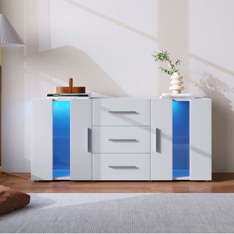 Mueble TV colgante 140 x 40 x 30 cm blanco brillo, madera con LED RGB (1/5)