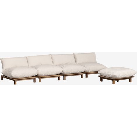 SKLUM 4-teiliges modulares Gartensofa mit Ottomane aus Akazienholz Brina Creme-Beige                                  
