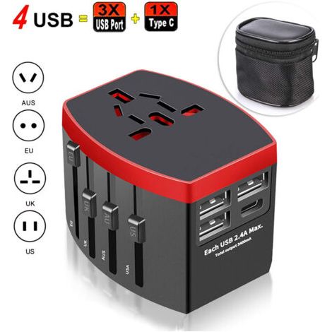 Adaptateur Voyage Universel, International Prise Universelle avec 4 USB, 4 en 1 Chargeur USB pour USA UK Australie Japon Italie Chine, Prise Monde Applicable à 224 Pays ou régions, Noire