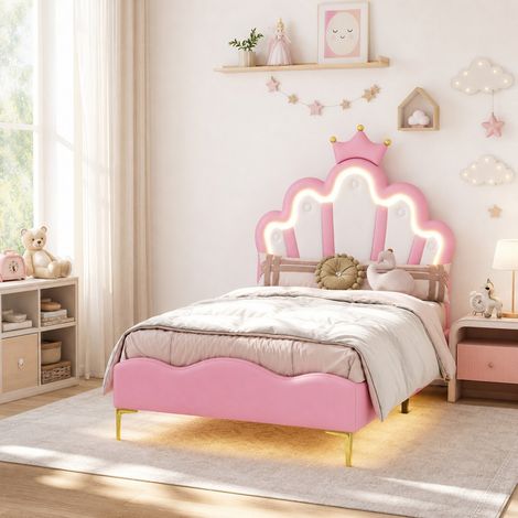 Lit Princesse 90x190 cm, lit enfant rembourré velours rose avec tête de lit couronne LED, sommier à lattes, pour chambre de fille moderne