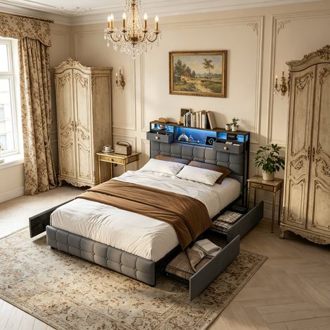Lit double 160x200 cm avec rangement et 6 tiroirs – Tête de lit avec éclairage LED et ports USB/Type-C – Sommier à lattes inclus, lit adulte en velours