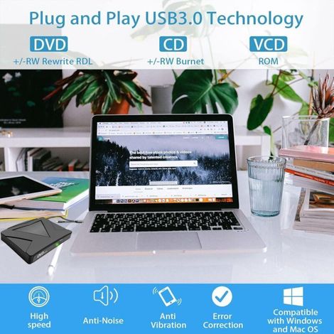 Lecteur DVD portable USB 3.0 et Type C – Graveur CD/DVD +/- RW – Compatible Windows/Mac – Design ultra-fin et léger