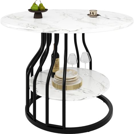 Table à manger ronde 80 cm pour 4 personnes, plateau effet marbre en MDF noir, avec pieds réglables et rangement central, idéale cuisine ou salon – CHICFURN (1/5)