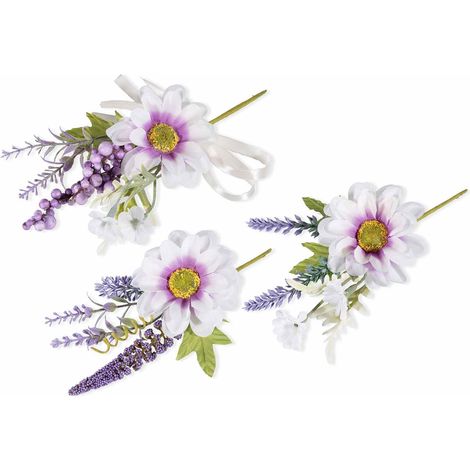 Mazzolini pick chiudipacco di lavanda e margherite artificiali con foglie e fiocchetto, set da 18 pezzi, cm 14 H (con gambo 24)