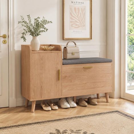 Meuble à chaussures avec banc intégré, Meuble à chaussures avec tiroir abattant et étagères de rangement 100x30x69 cm, Bois naturel (1/5)