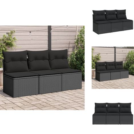 Gartensofa mit Kissen 3-Sitzer Schwarz Poly Rattan - Gartensofa - Outdoor Möbel - Balkonmöbel - Esszimmerset - Lounge Set (1/5)