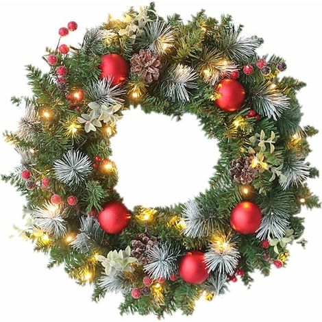 Couronne de Nol pour porte d'entrée avec 20 LED, guirlande lumineuse en PVC, alimentée par piles, guirlande lumineuse rouge et verte pour porte d'entrée avec nud papillon, boules de Nol, baies, (1/4)
