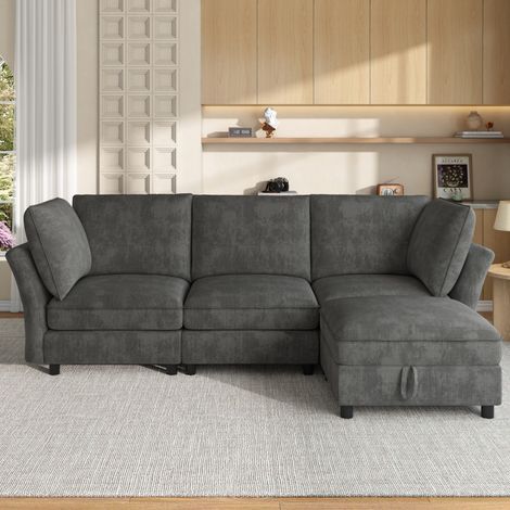 Canapé d’angle modulable 4 places en chenille 225x137x84cm,pouf coffre,assise moelleuse,2 coussins,tissu,gris (1/5)