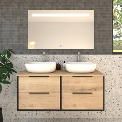 Meuble de salle de bain avec vasques à poser arrondies ALBA et miroir Led Stam - 120cm (1/5)