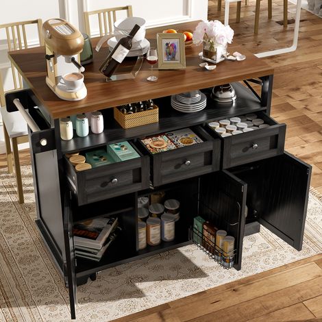 AS EASY Îlot de cuisine moderne (118 × 43-70 × 98 cm) avec meuble de salle à manger intégré, desserte à roulettes en bois, espace de rangement multifonctionnel, séparateurs amovibles et porte-serviett (1/5)
