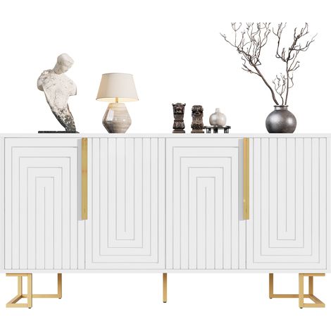 Le buffet blanc (152 x 40 x 75 cm) présente un design géométrique unique ainsi que des poignées et des pieds dorés pour une touche élégante (1/5)