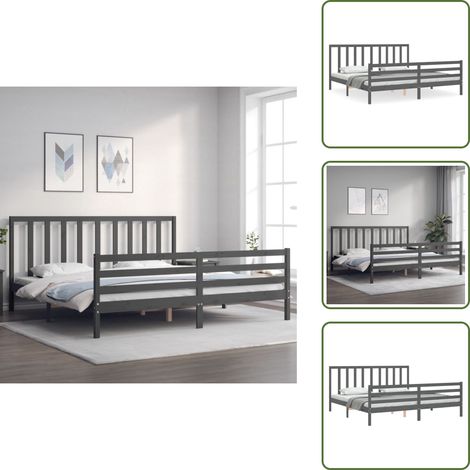 The Living Store Giroletto con Testiera Grigio 200x200 cm in Legno Massello - Letto con testiera
