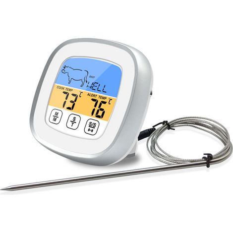 Thermomètre numérique à minuterie tactile en acier inoxydable, thermomètre à viande pour la cuisine et le barbecue, blanc (1/5)