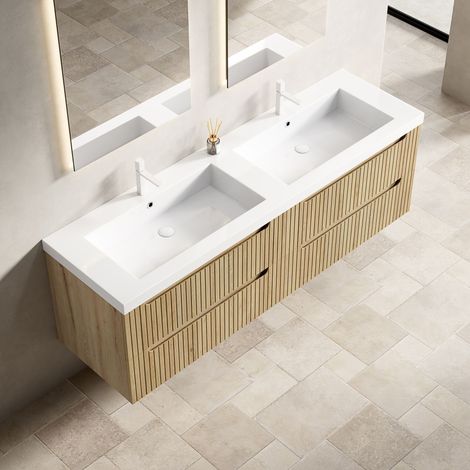 Meuble vasque suspendu de 160 cm avec 2 vasques encastrées sous plan en pierre artificielle épaisse, caisson en contreplaqué rayé à 4 tiroirs, pré-assemblé, finition chêne blanc. (1/5)