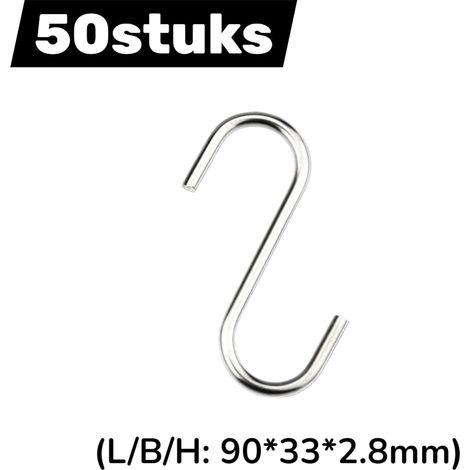 50 pièces crochets métalliques en forme de S crochet S en acier inoxydable fil 2,8 adapté pour crochets de barre de porte cuisine chambre et salle de bain couleur argent longueur largeur hauteur 90 su (1/5)