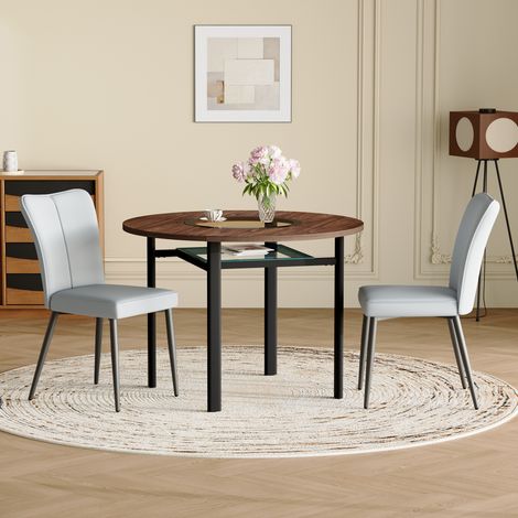 REDOM Set tavolo da pranzo 3 pezzi, tavolo rotondo 100x100x76 cm, con piano in vetro-MDF, 2 sedie imbottita in pelle PU, grigio chiaro