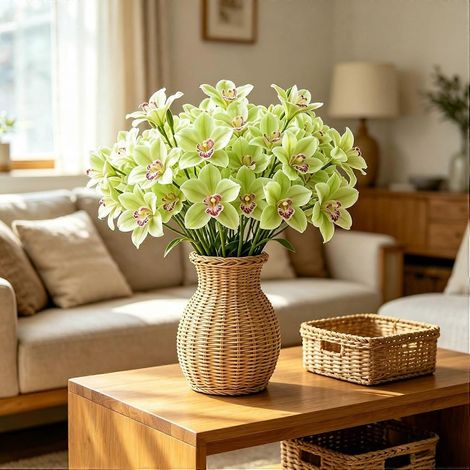 Lot de 3 tiges d'orchidées Cymbidium artificielles 3 têtes, réalistes avec boutons, tige longue verte pour vase (1/5)