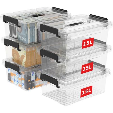 15L6 Boîte de Rangement, Bac de rangement avec Poignée, Plastique Organisateur avec Couvercle, Empilable, Transportable, pour Vêtements, Bureau, Chambre, Dortoirs, Transparent, 15L - Lot de 6 (1/5)