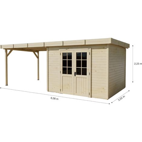 HABRITA Abri de jardin bois massif avec terrasse 7,51 m² - madriers 28 mm - toit plat acier - double porte vitrée