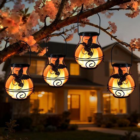 de lanternes solaires extérieures imperméables clignotant lumières de flamme colibri métal suspendu lanterne solaire patio porche jardin décoration, 4PCS (1/5)