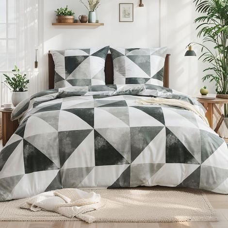 Bettwäsche-Set 155x220 cm 2-teilig mit geometrischem Karo-Muster, kühlend, Mikrofaser, Reißverschluss