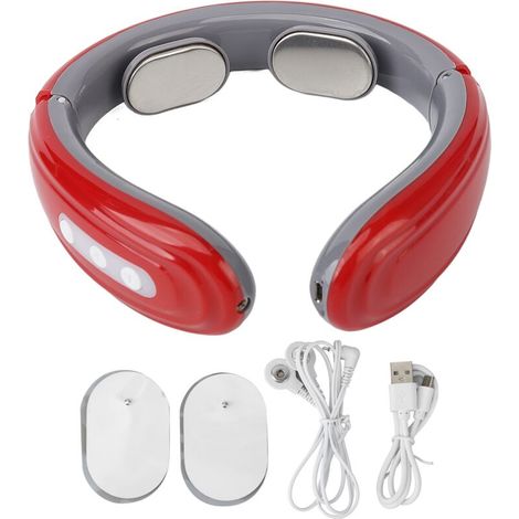 Masseur cervical sans fil 6 modes 9 intensités - Rechargeable avec patches TENS - Rouge - Soulagement efficace-DOU