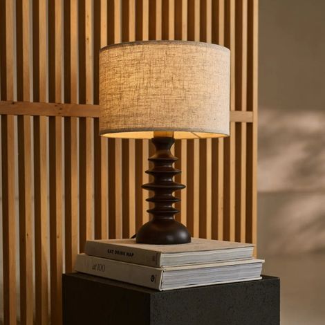 Lampe à Poser en Bois Foncé et Abat-Jour en Tissu Beige E27 pour Salon et Chambre - PANGIVO (1/5)