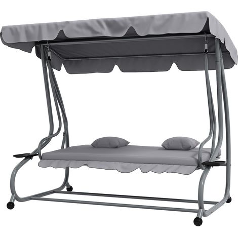Columpio de porche de 3 plazas, carga 340 kg, con función reclinable, techo regulable, mesa auxiliar plegable, 200x120x164 cm, gris claro (1/5)