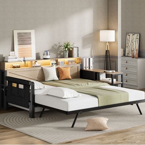 Letto divano moderno in metallo e MDF nero 90x200 cm con letto estraibile regolabile, 3 cassetti, vani, LED e USB