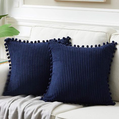 Lot de 2 taies d'oreiller pour canapé 45x45cm, coussin élégant à pompons, coussin décoratif pour matelas, sans rembourrage, bleu marine (1/4)