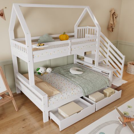 Letto a castello bambini 90x200 e 140x200 cm bianco in pino, MDF e compensato con scala contenitore (1/4)