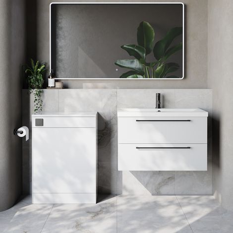 Napoli 390 Cento Gloss White 1400mm Wall Mounted 2 Drawer Vanity Unit and Toilet Suite with Glide Basin - 1400mm - Matt Black 480mm HandleWithout Kingston Toilet Pan