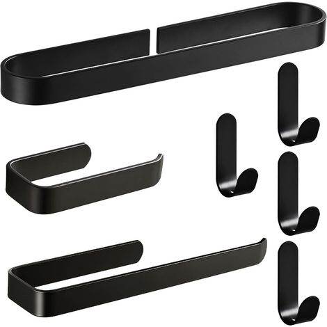 Ensemble d'accessoires de Salle de Bain 7 pièces - Noir Mat - Ensemble de matériel de Salle de Bain adhésif - Porte-Serviettes - Porte-Papier Toilette - Crochets pour Peignoirs (1/5)