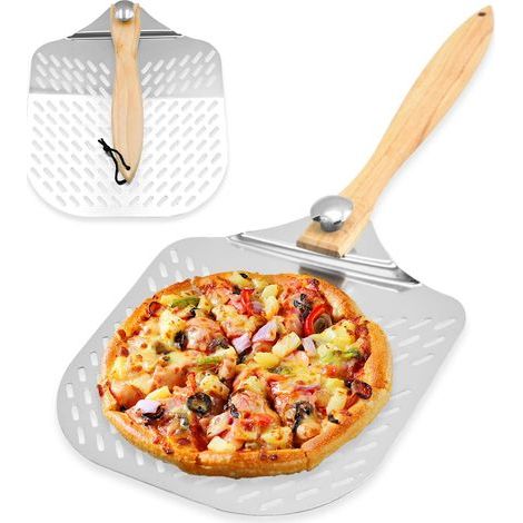 Pelle a Pizza, Pelle à Pizza Perforée en Aluminium, Pelle à Pizzaiolo en Acier Inoxydable avec Poignée Amovible, Pelle à Pizza Avec en Bois Pliable pour Cuisson de Pizzas, Pain (1/5)