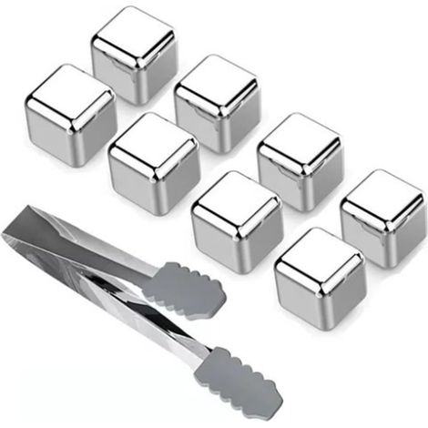 8 Cubes Métalliques Réutilisables en Acier Inoxydable 304 avec Pince à Glace pour Refroidir Whisky et Boissons sans Dilution (1/5)