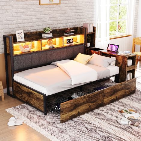 Multifunktionsbett 90x200 cm mit ausziehbarem Schreibtisch und Stauraum, Eisen Sofabett mit Schubladen, Steckdose & LED, Weiß/Holzfarbe (1/5)