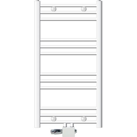 ECD Germany Radiador De Baño Blanco Recto Conexión Media 500 x 800 mm Con Termostato Y Juego De Conexión Radiador Calefacción Calentador De Toallas Secador De Toallas