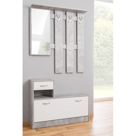 Meuble d'entrée, Crochet d'entrée, Composition pour l'atrium, Console de rangement multifonction, 100x26h190 cm, Blanc et ciment (1/5)