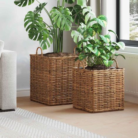 Planter Basket GENDT 2 pcs Natural Brown Kubu Rattan vidaXL (1/5)