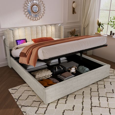 FLORAGRACE Lit coffre 160x200 cm en lin beige avec tête de lit, liseuse, 2 ports USB, sommier à lattes relevable (1/5)