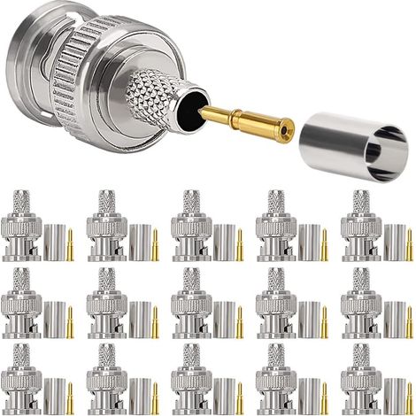 15 Pièces Connecteurs BNC Mâles à Sertir pour Câble Coaxial RG59 RG8, Adaptateur BNC Mâle Droit pour Caméra CCTV, Y Compris Connecteur, Broche, Virole (1/5)