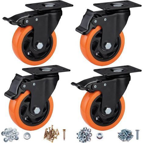 Roulettes robustes de 4 pouces, lot de 4 - Roulettes industrielles avec freins, roulettes verrouillables pour meubles et établis, orange (1/4)