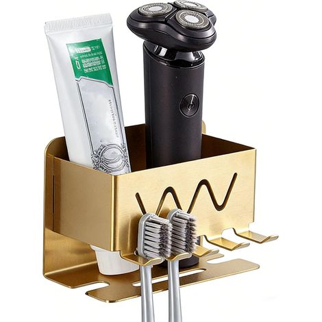Soporte adhesivo dorado para cepillo y pasta de dientes, no requiere taladrar, ideal para uso doméstico. Estante de almacenamiento de pared para el baño. (1/5)