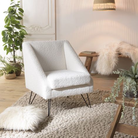AGATHE - Fauteuil tissu bouclette blanc pieds épingles métal noir (1/5)