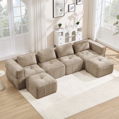 Modulares U-Sofa mit 4 Sitzplätzen, 2 Hockern, 32D-Schaum, Polyester, Sand OKMYHOME (1/5)