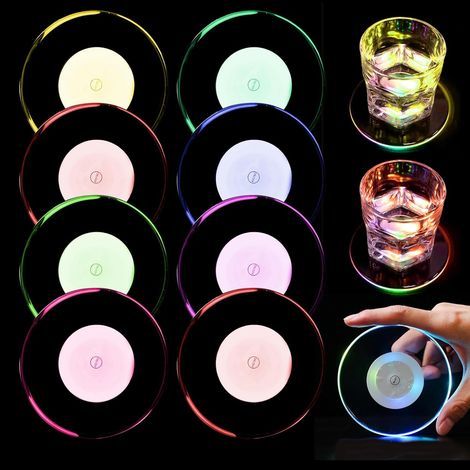 Set di 8 sottobicchieri a LED: Ø 10 cm, rotondi, in acrilico, impermeabili, 7 modalità di colore, pulsante ON/OFF, per bicchieri, bottiglie, feste, matrimoni, bar, Natale (rotondi) (1/5)