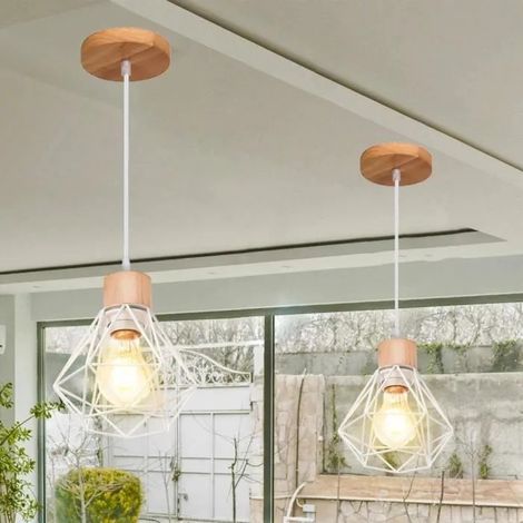 U-Do 2Pcs Lustre Intérieur design Créatif Suspension Cage en Métal Bois Blanc E27 Lampe de Plafonde Luminaire Industriel pour Salon (1/4)