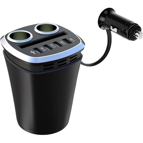 Multiprise 6 en 1 120 W avec 4 ports USB, adaptateur chargeur de voiture et 2 prises, répartiteur de charge pour téléphone et tablette.